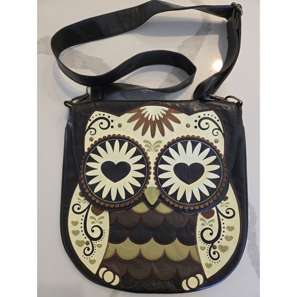 Loungefly Owl Crossbody Bag Faux Leather 13x13 Boho Retro Heart Eyes Messenger - Picture 1 of 15